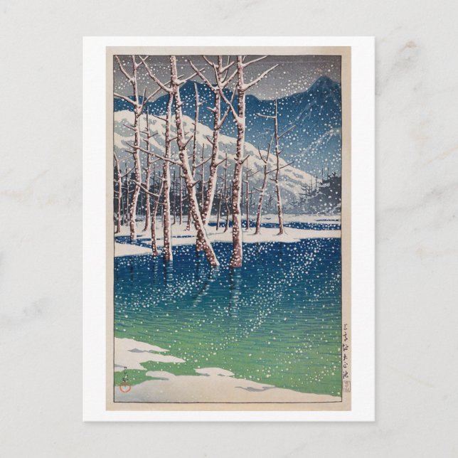 Postal 池 正 大, estanque Taishô en Kamikôchi, Hasui Kawase (Anverso)