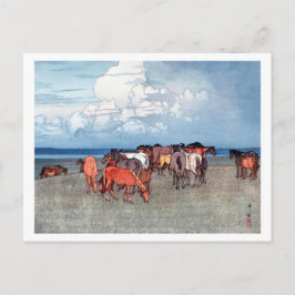 Postal 沼 崎 場, caballos, Hiroshi Yoshida, Woodcut