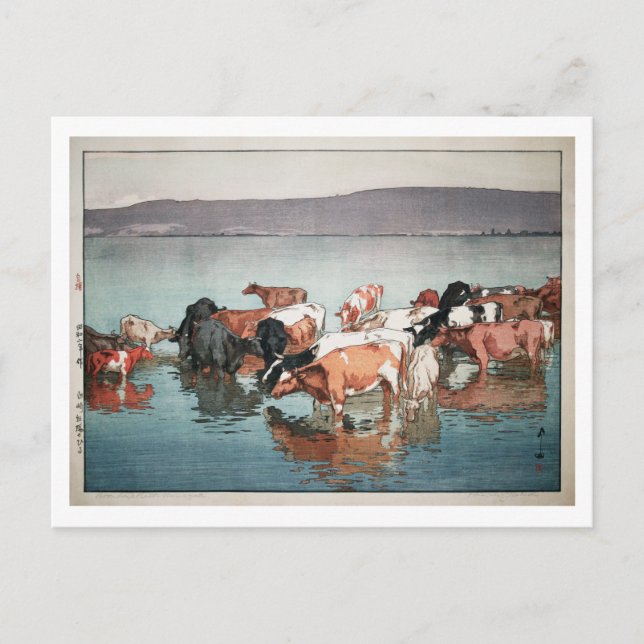 Postal 沼 崎 牧 場 の, Vacas, Hiroshi Yoshida, Woodcut (Anverso)