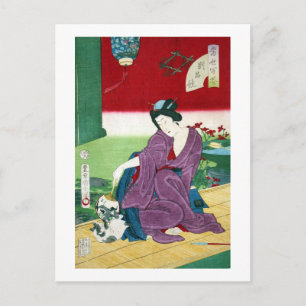 Postal 猫 と 女, 国 Gato y Mujer 周, Toyohara Kunichika, Ukiyo