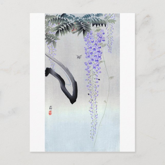 Postal 藤 の 花, 古 histeria de flores, Ohara Koson, Woodcut (Anverso)
