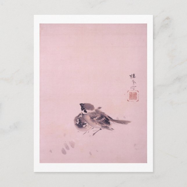 Postal 雀 双, 栖 鳳 Par del Sparrow, Seihō, arte japonés (Anverso)