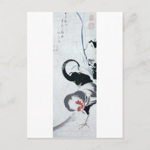 Postal 雄鶏図, gallo del 若冲 (detalle), Jakuchu