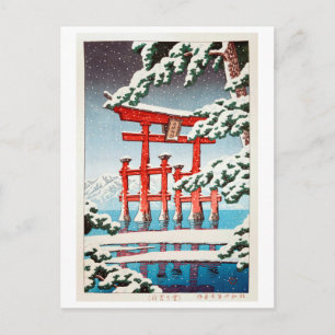 Postal 雪 の 島, Miyajima en Nieve, Hasui Kawase, Woodcut