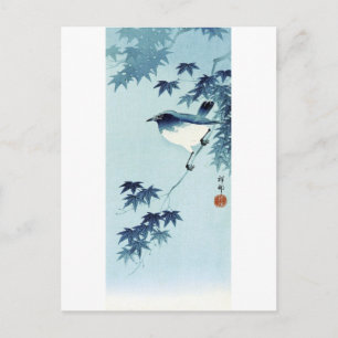 Postal 青い鳥, pájaro del 古邨 en el azul, Koson, Ukiyo-e