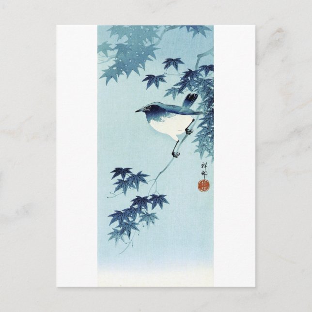 Postal 青い鳥, pájaro del 古邨 en el azul, Koson, Ukiyo-e (Anverso)