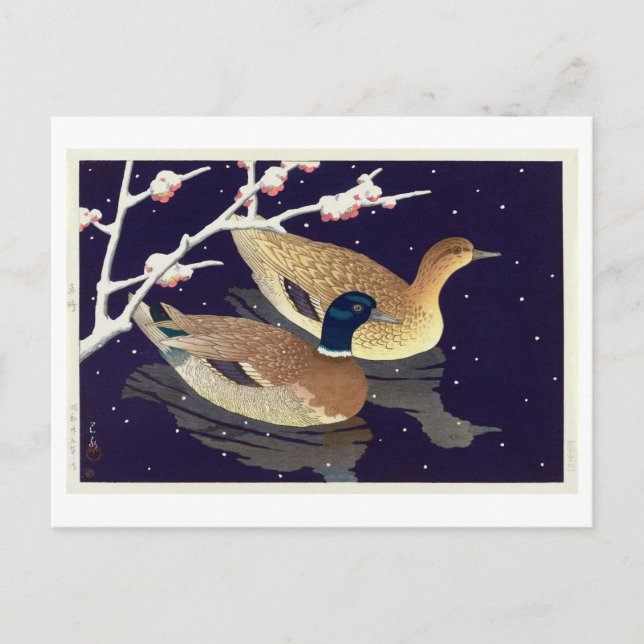 Postal 鴨 真, Patos Mallard, Hasui Kawase, Woodcut (Anverso)