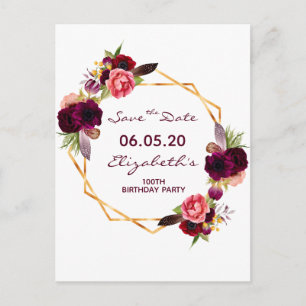 Postal 100 años burdeos floral blanco Save the Date