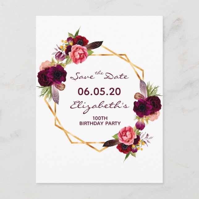 Postal 100 años burdeos floral blanco Save the Date (Anverso)