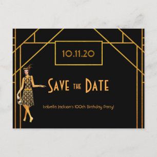 Postal 100 cumpleaños art deco Gatsby guardar la fecha