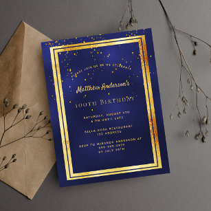 Postal 100 cumpleaños fiesta de oro azul brillante invita