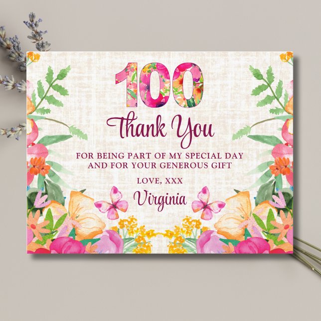 Postal 100 Flores Linen Floral 100 cumpleaños Gracias (Subido por el creador)