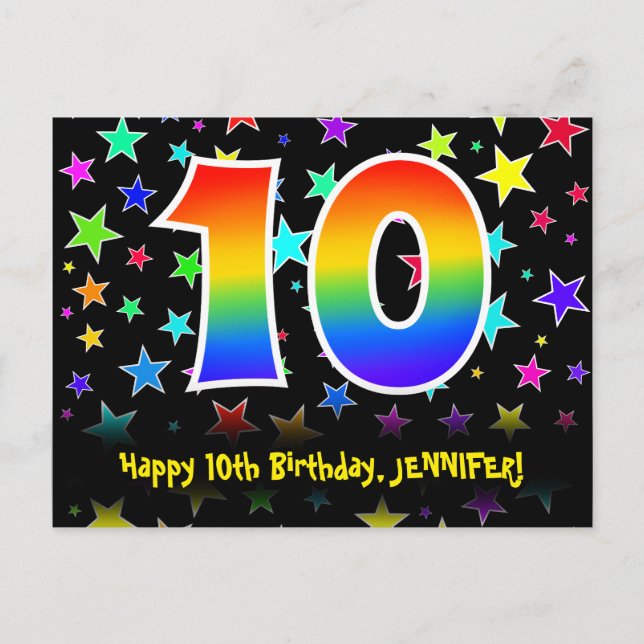 Postal 10.º cumpleaños: Patrón de estrellas divertidas, a (Anverso)
