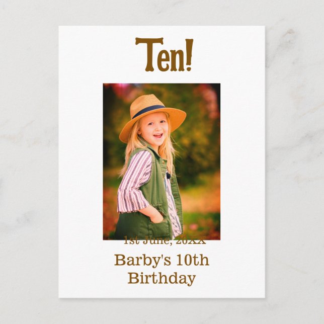 Postal 10th birthday photo name date simple brown beige b (Anverso)