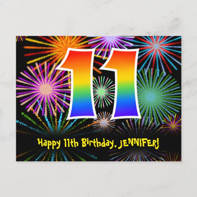 Postal 11º Cumpleaños – Patrón Divertido de Fuegos Artifi (Anverso)