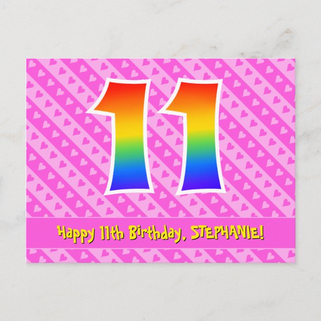 Postal 11.º cumpleaños: Rayas y corazones rosados, arcoir (Anverso)