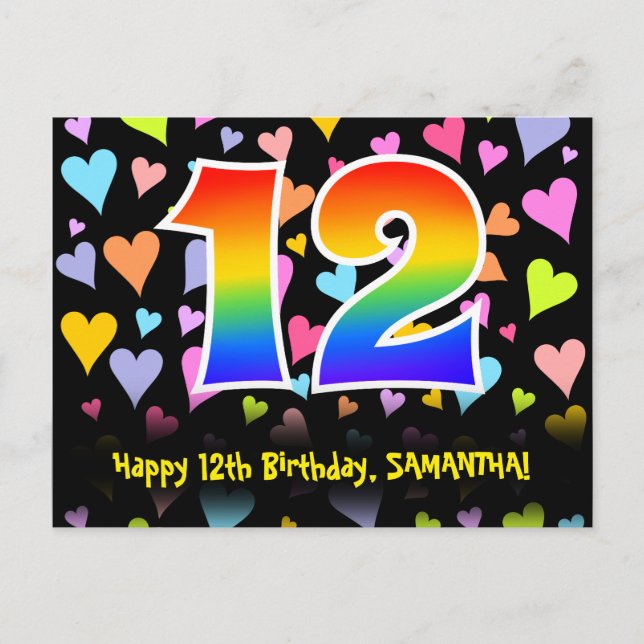 Postal 12º Cumpleaños: Estampado de Corazones Divertidos, (Anverso)