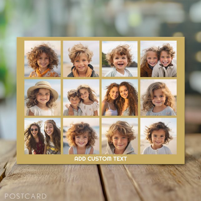 Postal 12 Collage de fotos con fondo dorado (Custom Personalized Photo Collage Postcard)