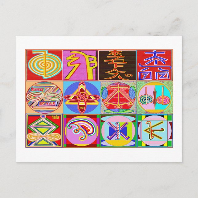 Postal 12 diseños de la cura de Reiki n Karuna Reiki (Anverso)