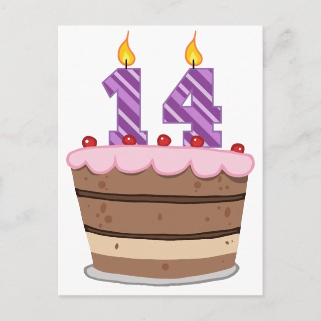 Postal 14 años en el pastel de cumpleaños (Anverso)