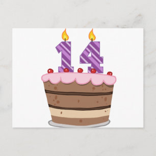 Postal 14 años en el pastel de cumpleaños