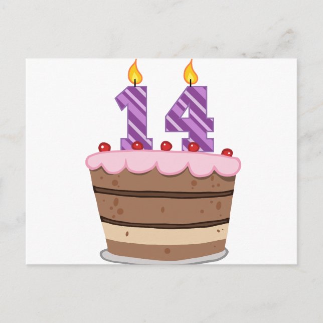 Postal 14 años en el pastel de cumpleaños (Anverso)