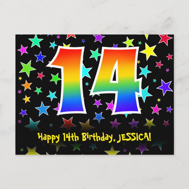 Postal 14° cumpleaños: Patrón de las estrellas divertidas (Anverso)