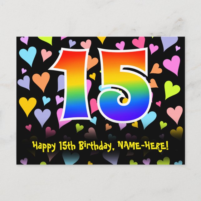 Postal 15º cumpleaños: Patrón de corazones divertidos, ar (Anverso)