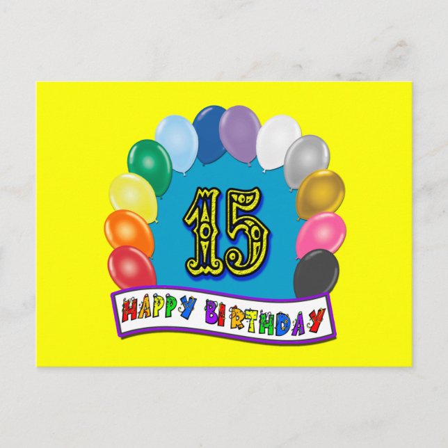 Postal 15.º cumpleaños con diseño de globos variados (Anverso)