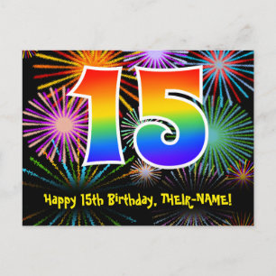 Postal 15 Cumpleaños – Patrón Divertido de Fuegos Artific