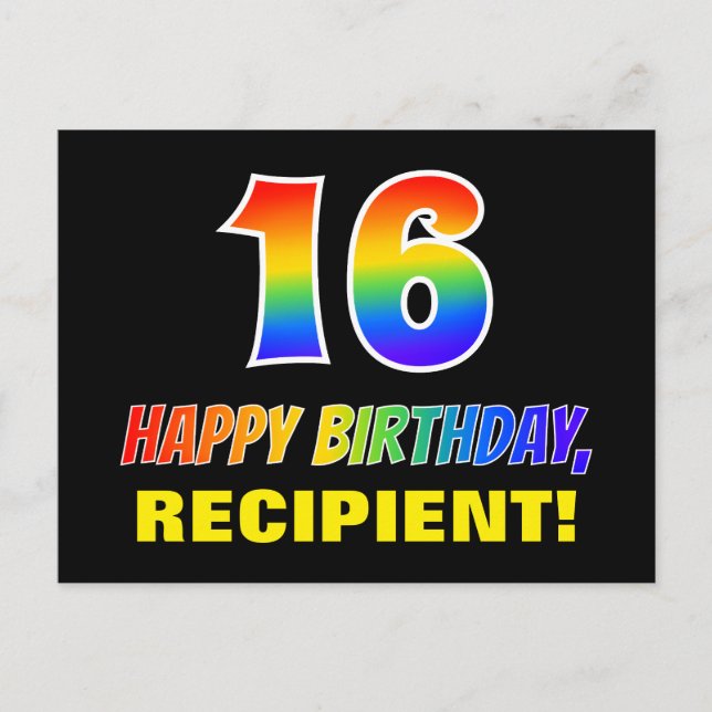 Postal 16º cumpleaños: audaz, divertido, simple, arcoiris (Anverso)