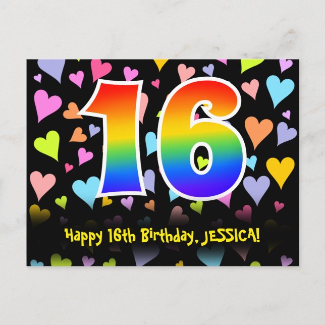 Postal 16º cumpleaños: Patrón de corazones divertidos, ar (Anverso)