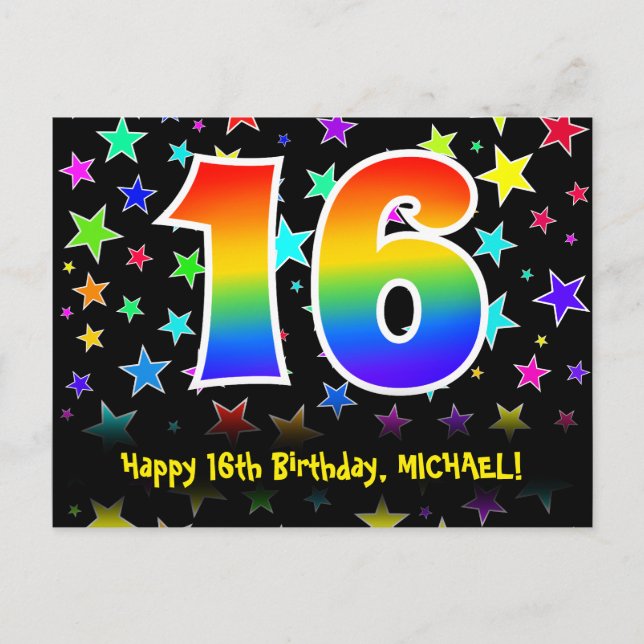 Postal 16º cumpleaños: Patrón de las estrellas divertidas (Anverso)