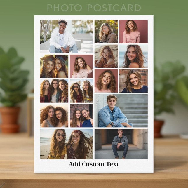 Postal 16 Colaje de Fotos - Texto Personalizado - Blanco  (Custom Photo Postcard with Lots of Pictures)