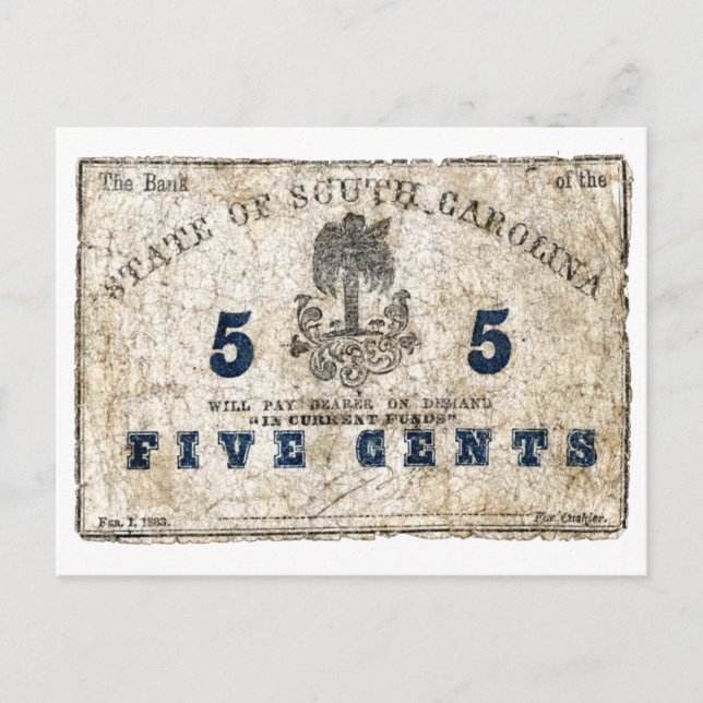 Postal 1863 Carolina del Sur 5 Cent Note (Anverso)