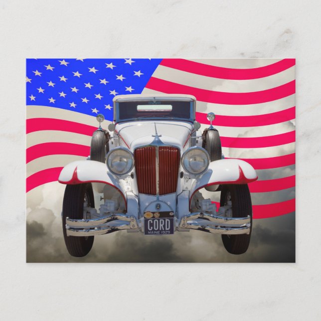 Postal 1929 Cord 6-29 Cabriolet y Bandera Americana (Anverso)