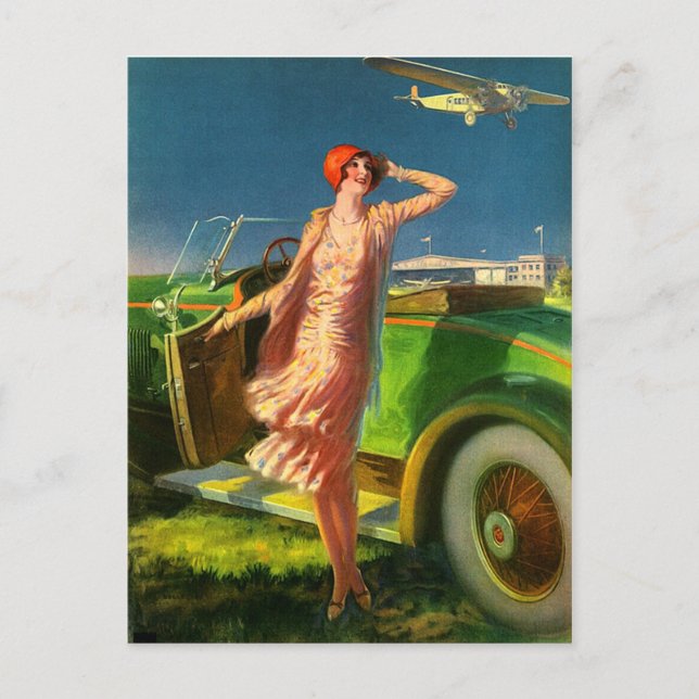 Postal 1930 coche femenino y avión (Anverso)