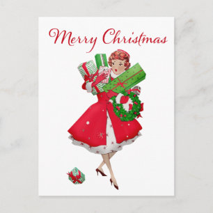 Postal 1950 Dama Vintage de Navidad comprando regalos