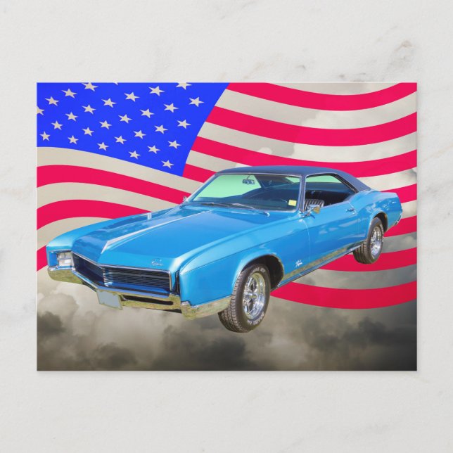 Postal 1967 Buick Riviera Muscle Car Y Bandera Estadounid (Anverso)