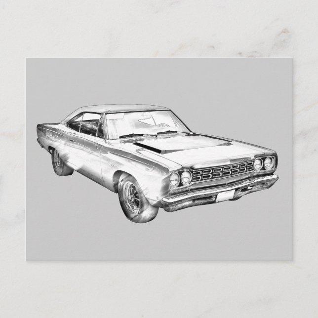 Postal 1968 Plymouth Roadrunner Ilustracion muscular para (Anverso)