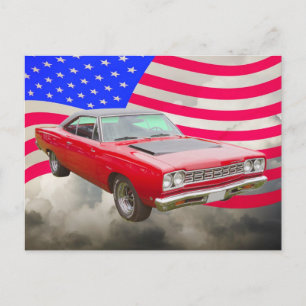 Postal 1968 Plymouth Roadrunner y bandera estadounidense
