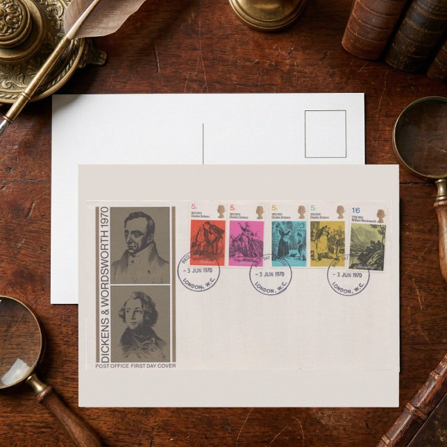 Postal 1970 Dickens & Wordsworth First Day Cover Antique (antique 1970 Dickens and Wordsworth postage stamp postcard, perfect for the analogue archivist)