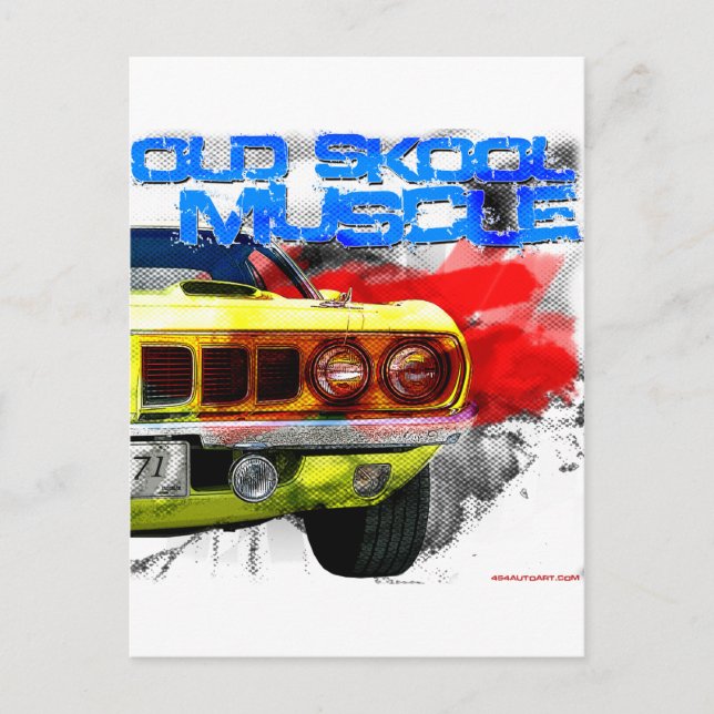 Postal 1971 Plymouth Cuda "Viejo músculo de la piel" (Anverso)
