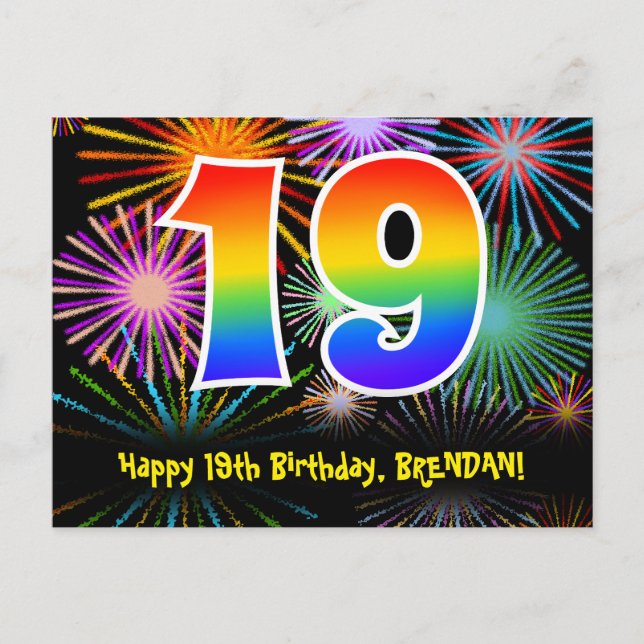 Postal 19 Cumpleaños – Patrón Divertido de Fuegos Artific (Anverso)