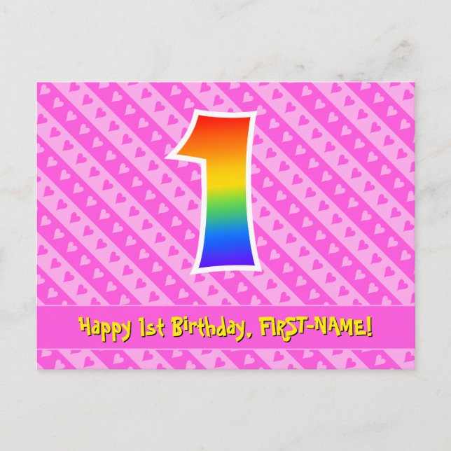 Postal 1.ᵉʳ cumpleaños: Rayas y corazones rosados, arcoir (Anverso)