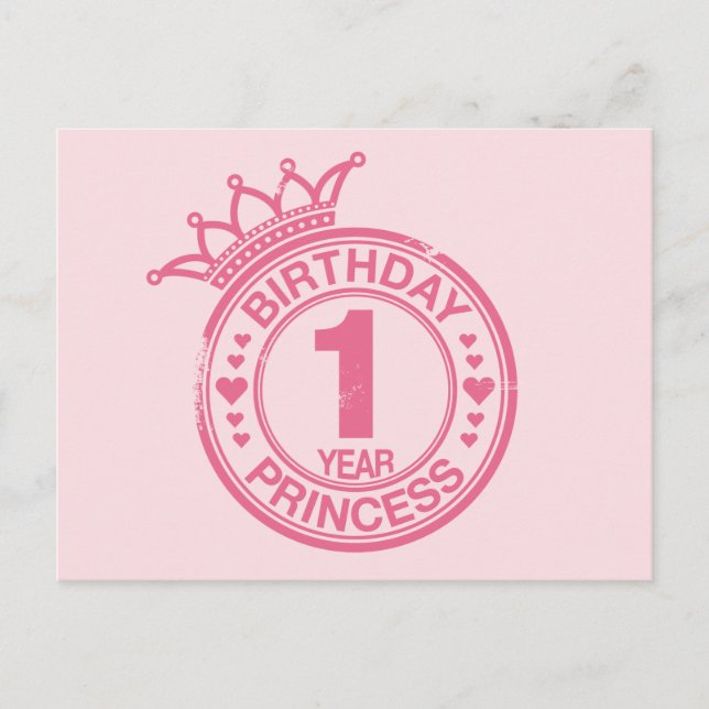 Postal 1 año - Princesa de cumpleaños - rosa (Anverso)
