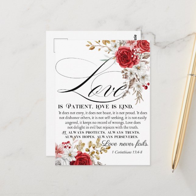 Postal 1 Corintios 13:4-8 El amor es la flor bíblica del  (Anverso/Reverso In Situ)