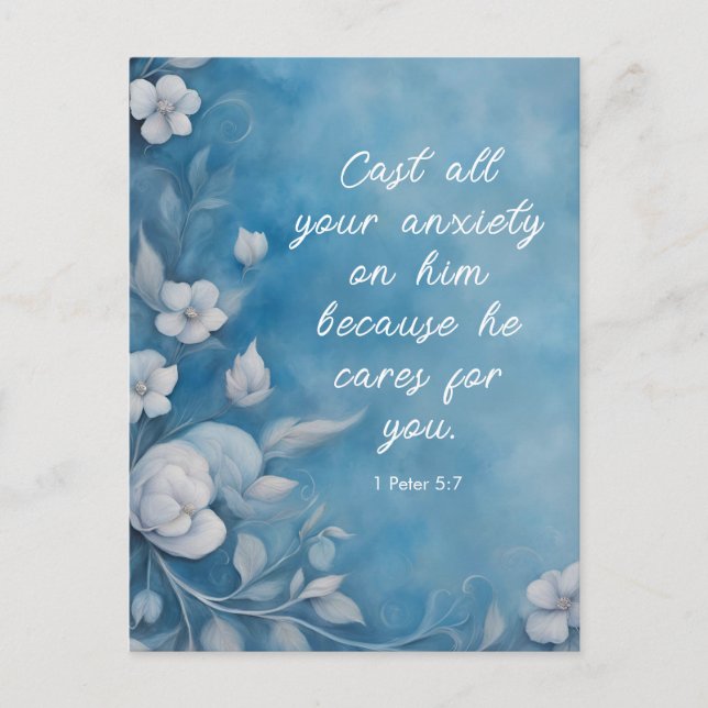 Postal 1 Peter 5:7 “Cast All Your Anxiety” Blue Floral (Anverso)