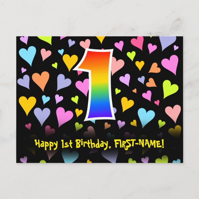 Postal 1er Cumpleaños: Patrón de Corazones Divertidos, Ar (Anverso)