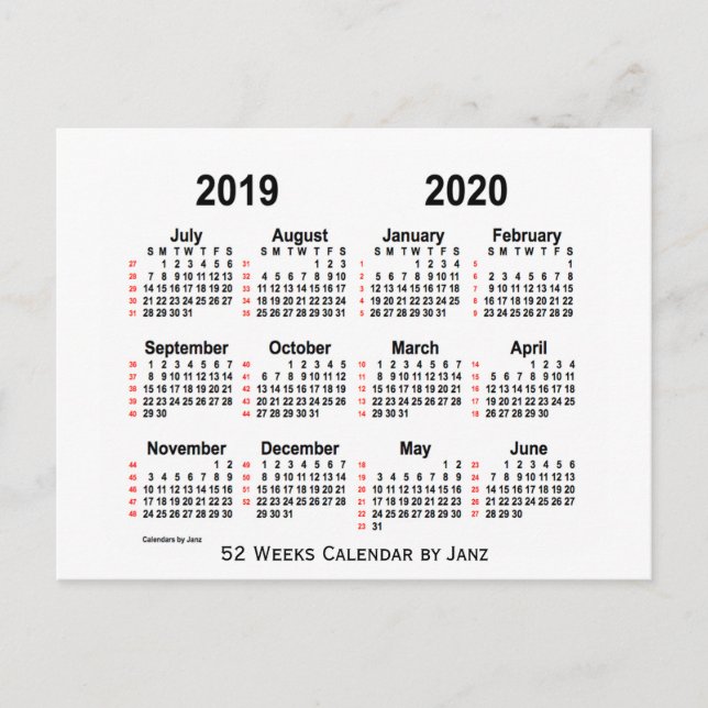 Postal 2019-2020 blanco calendario de 52 semanas por Janz (Anverso)